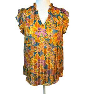 Pleione Blouse Floral Oranges Green Sleeveless V Neck Flowy Womens Size Small